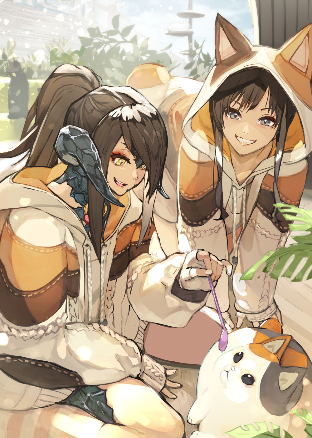 2girls all_fours animal_hood au_ra brown_eyes brown_hair cat_teaser dragon_horns fat_cat_(ff14) final_fantasy final_fantasy_xiv hide_(hideout) highres hood hood_down hood_up hoodie horns long_hair multiple_girls open_mouth ponytail scales sitting smile warrior_of_light_(ff14)