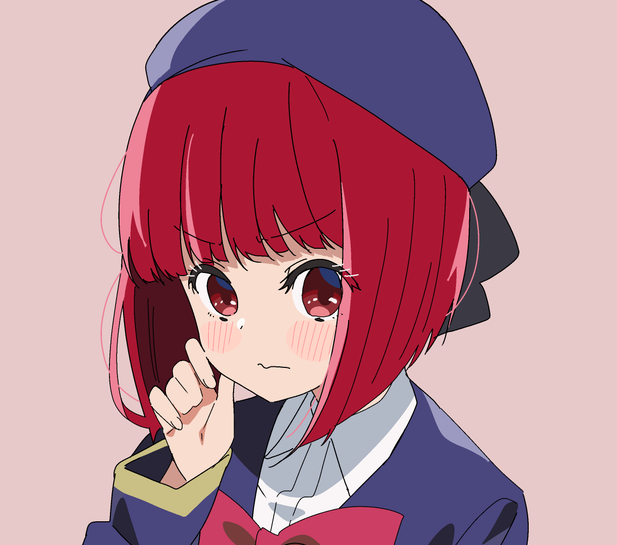 1girl arima_kana beret blue_headwear blue_jacket blush bow brown_background closed_mouth collared_shirt dress_shirt hand_up hat jacket long_sleeves looking_at_viewer meito_(maze) oshi_no_ko red_bow red_eyes redhead shirt simple_background solo v-shaped_eyebrows wavy_mouth white_shirt