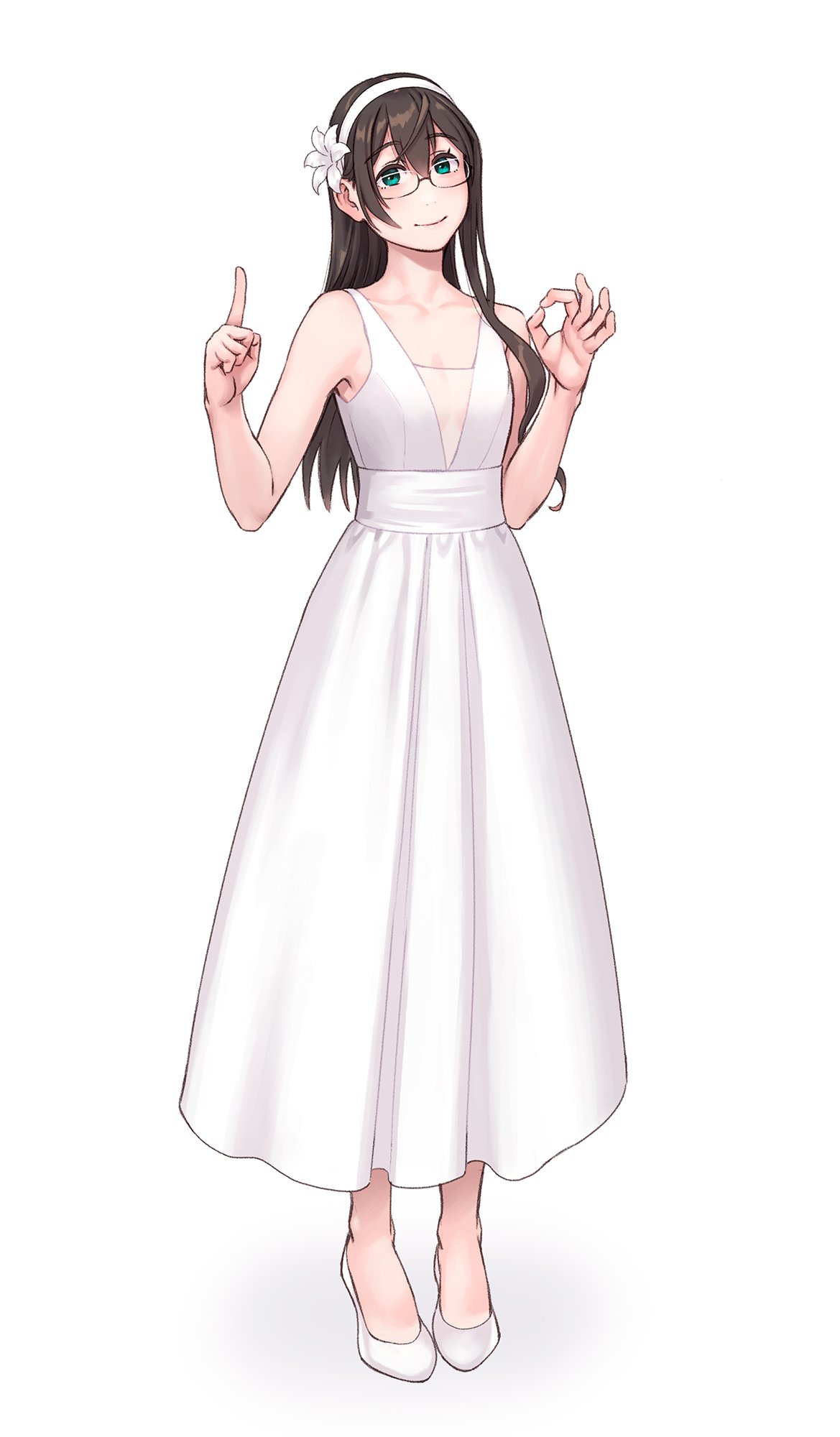 1girl alternate_costume anniversary black_hair breasts dress full_body green_eyes hairband high_heels highres index_finger_raised kantai_collection long_hair looking_at_viewer ok_sign ooyodo_(kancolle) semi-rimless_eyewear simple_background sleeveless sleeveless_dress small_breasts solo under-rim_eyewear white_background white_dress white_footwear white_hairband yuuji_(and)