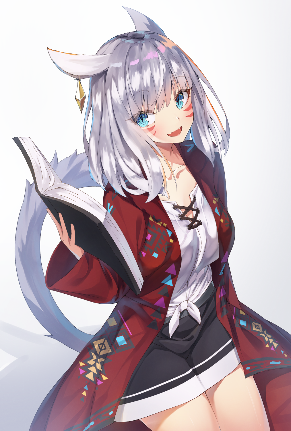 1girl :d animal_ears black_shorts blue_eyes book cat_ears cat_girl cat_tail coat earrings fangs final_fantasy final_fantasy_xiv grey_hair highres holding holding_book jewelry long_sleeves looking_at_viewer medium_hair miqo'te open_clothes open_coat open_mouth red_coat shiro_youduki shirt short_shorts shorts single_earring skin_fangs smile tail warrior_of_light_(ff14) white_shirt