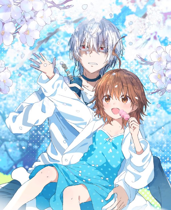 1boy 1girl :d accelerator_(toaru_majutsu_no_index) age_difference ahoge albino artist_name black_choker blue_dress blue_sky blush bob_cut breasts brown_eyes brown_hair can cherry_blossoms choker collarbone commentary dango diagonal-striped_shirt dress dress_shirt drink drinking eating falling_petals food grass grey_shirt hair_between_eyes hair_over_eyes hanami holding holding_can holding_drink holding_food last_order_(toaru_majutsu_no_index) light_frown long_sleeves on_ground open_clothes open_mouth open_shirt outdoors outstretched_arm overshirt oversized_clothes parted_lips petals polka_dot polka_dot_dress reaching red_eyes s_m_831 sanpaku screentones shaded_face shirt short_hair sitting sitting_on_lap sitting_on_person size_difference sky sleeveless sleeveless_dress small_breasts smile spaghetti_strap sundress toaru_kagaku_no_railgun toaru_majutsu_no_index tree twitter_username wagashi white_hair white_shirt