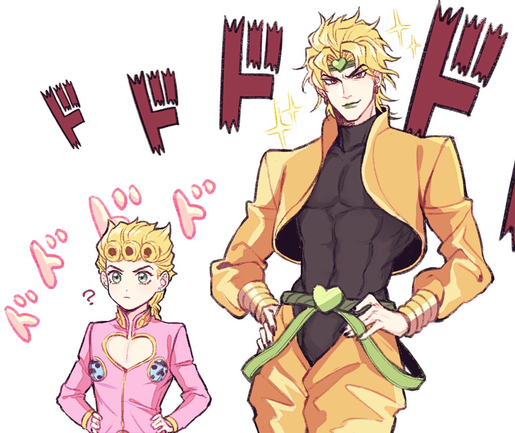 2boys black_leotard black_nails blonde_hair bracelet braid bug closed_mouth commentary_request crotchless crotchless_pants dio_brando dio_brando's_pose_(jojo) father_and_son giorno_giovanna green_eyes green_lips hako_iix07 hands_on_own_hips headband heart jacket jewelry jojo_no_kimyou_na_bouken jojo_pose ladybug leotard long_sleeves looking_at_viewer multiple_boys muscular pants smirk sparkle stardust_crusaders vento_aureo white_background yellow_jacket