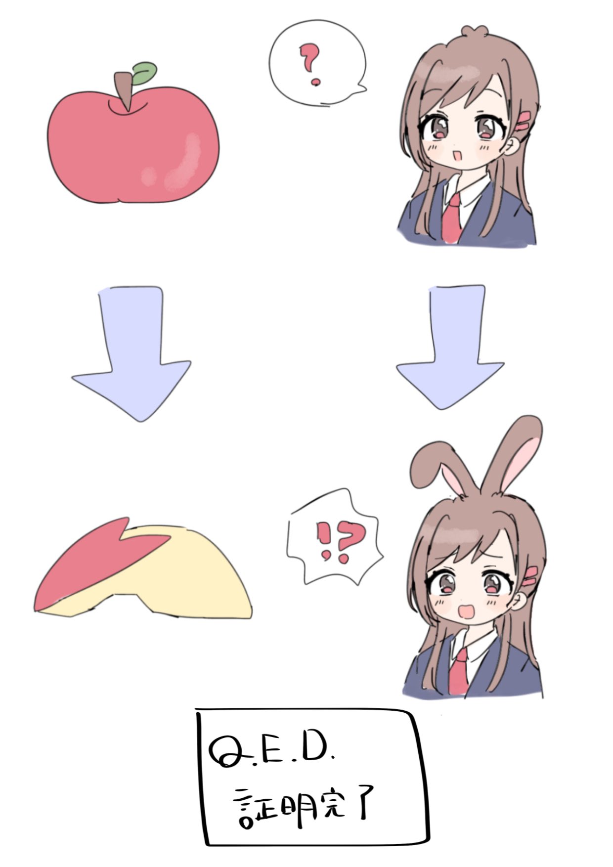 !? ? animal_ears antenna_hair apple apple_rabbit arrow_(symbol) blazer blush brown_hair cropped_torso extra_ears food food_art fruit highres idolmaster idolmaster_cinderella_girls jacket nyun_p11 rabbit_ears simple_background smile spoken_interrobang spoken_question_mark straight_hair surprised tsujino_akari upper_body white_background