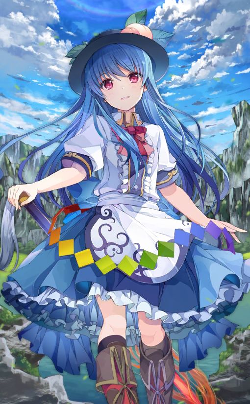 1girl black_headwear blue_hair blue_skirt blue_sky boots bow bowtie center_frills clouds feet_out_of_frame food frilled_skirt frills fruit fruit_punch hinanawi_tenshi leaf long_hair looking_at_viewer outdoors parted_lips peach red_bow red_bowtie red_eyes shirt short_sleeves skirt sky solo third-party_source touhou touhou_cannonball white_shirt