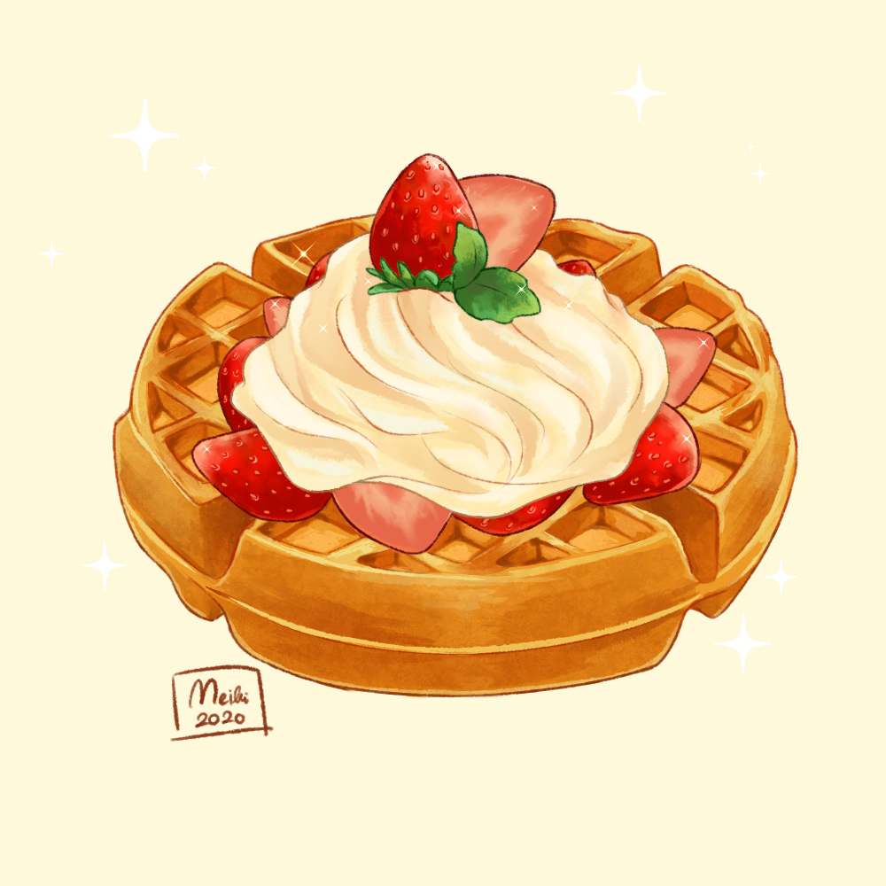 artist_name commentary dated english_commentary food food_focus fruit meikitefuka no_humans original realistic simple_background sparkle still_life strawberry waffle whipped_cream yellow_background