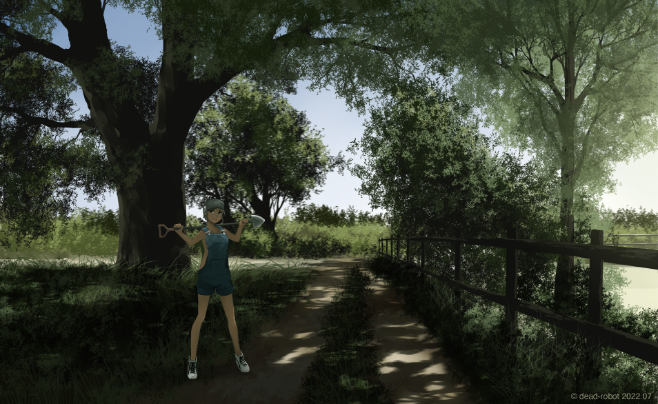 1girl artist_name baseball_cap blonde_hair dappled_sunlight dated dead-robot fence grass hat looking_at_viewer mixed-language_commentary naked_overalls nature original outdoors overall_shorts overalls road rural scenery shade shoes short_hair shovel sky sneakers sunlight tan tree