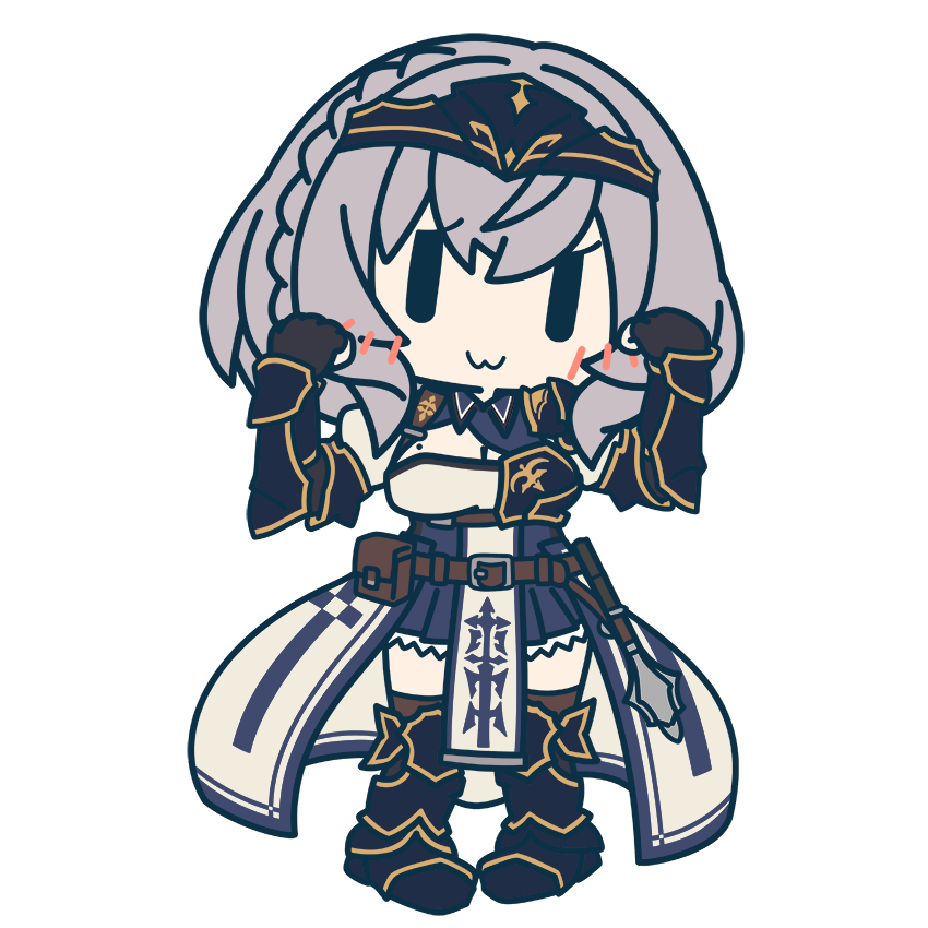 1girl :3 armor armored_boots arms_up belt belt_buckle belt_pouch black_gloves boots braid breasts brown_belt buckle chest_belt chest_guard chibi clenched_hands fingerless_gloves full_body gauntlets gloves grey_hair hands_up headband hololive juliet_sleeves long_sleeves looking_at_viewer mace medium_hair mole mole_on_breast official_art pelvic_curtain pleated_skirt pouch puffy_sleeves shirogane_noel skirt solo straight-on transparent_background virtual_youtuber weapon |_|