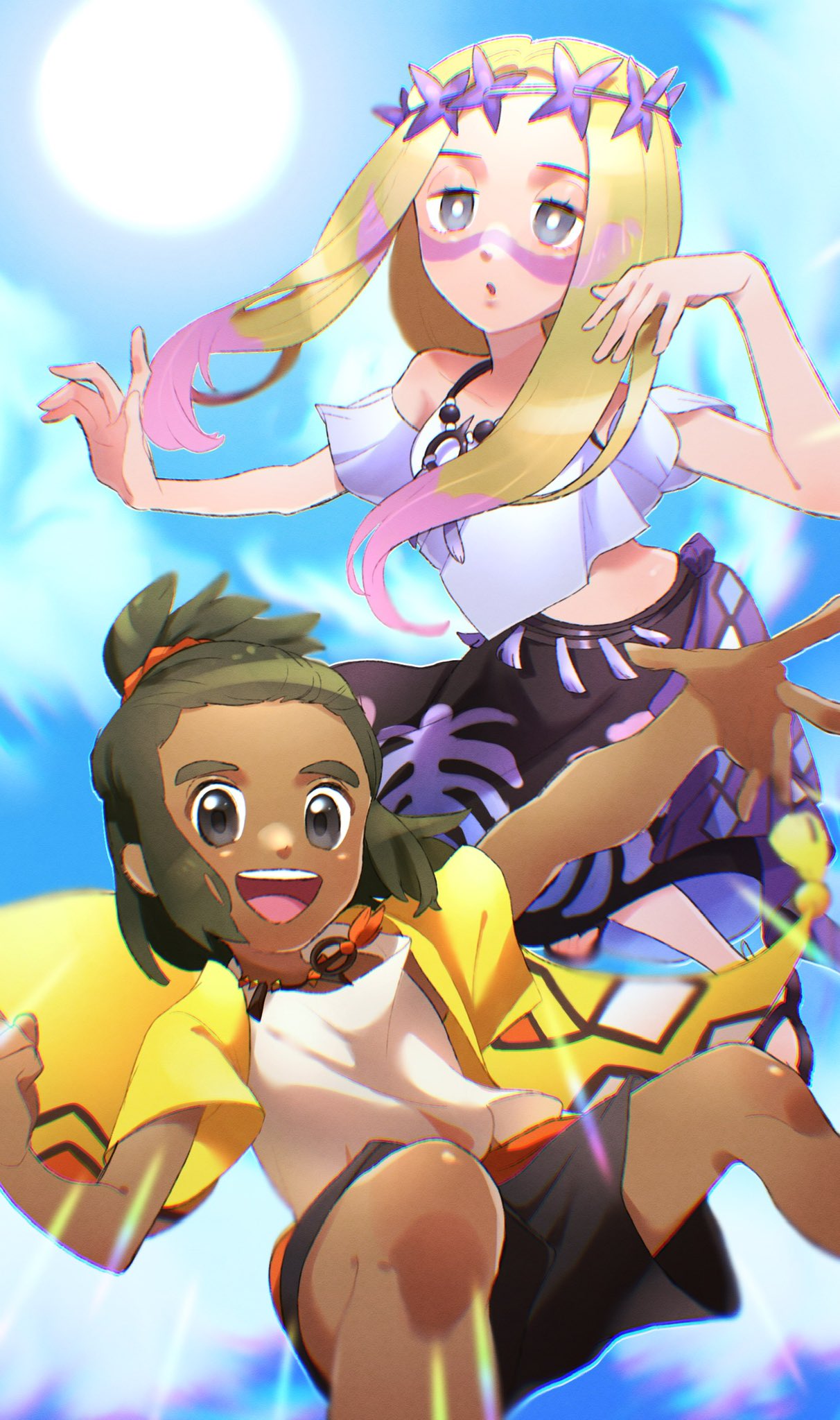 1boy 1girl aria_pkmn blonde_hair blue_sky dark-skinned_male dark_skin green_hair grey_eyes hau_(pokemon) hau_(sygna_suit)_(pokemon) highres jewelry looking_at_viewer midriff mina_(pokemon) mina_(sygna_suit)_(pokemon) necklace official_alternate_costume open_mouth paint_splatter paint_splatter_on_face pokemon pokemon_(game) pokemon_masters_ex ponytail sandals shirt sky smile sun white_shirt