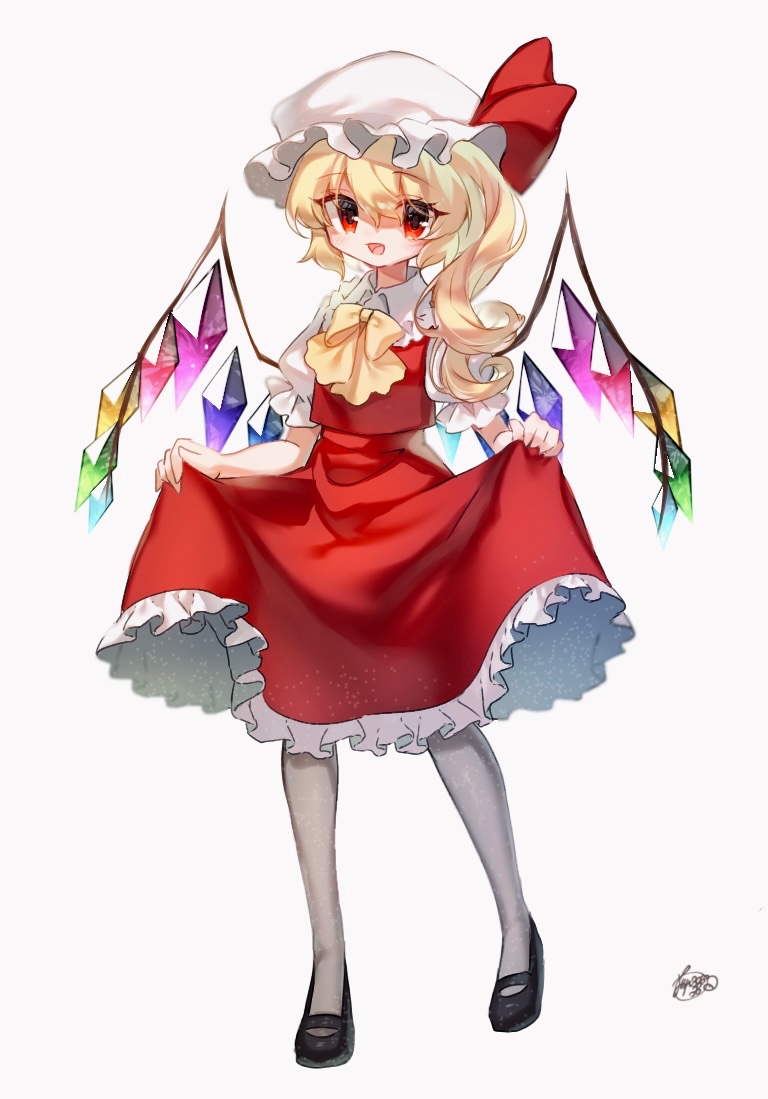 1girl black_footwear blonde_hair budou_zerii_98yen clothes_lift collared_shirt crystal flandre_scarlet frilled_shirt_collar frilled_skirt frilled_sleeves frills full_body grey_pantyhose hair_between_eyes hat lifted_by_self long_hair mob_cap open_mouth pantyhose puffy_short_sleeves puffy_sleeves red_eyes red_skirt red_vest shirt shoes short_sleeves side_ponytail signature simple_background skirt skirt_lift smile solo touhou vest white_background white_headwear white_shirt wings