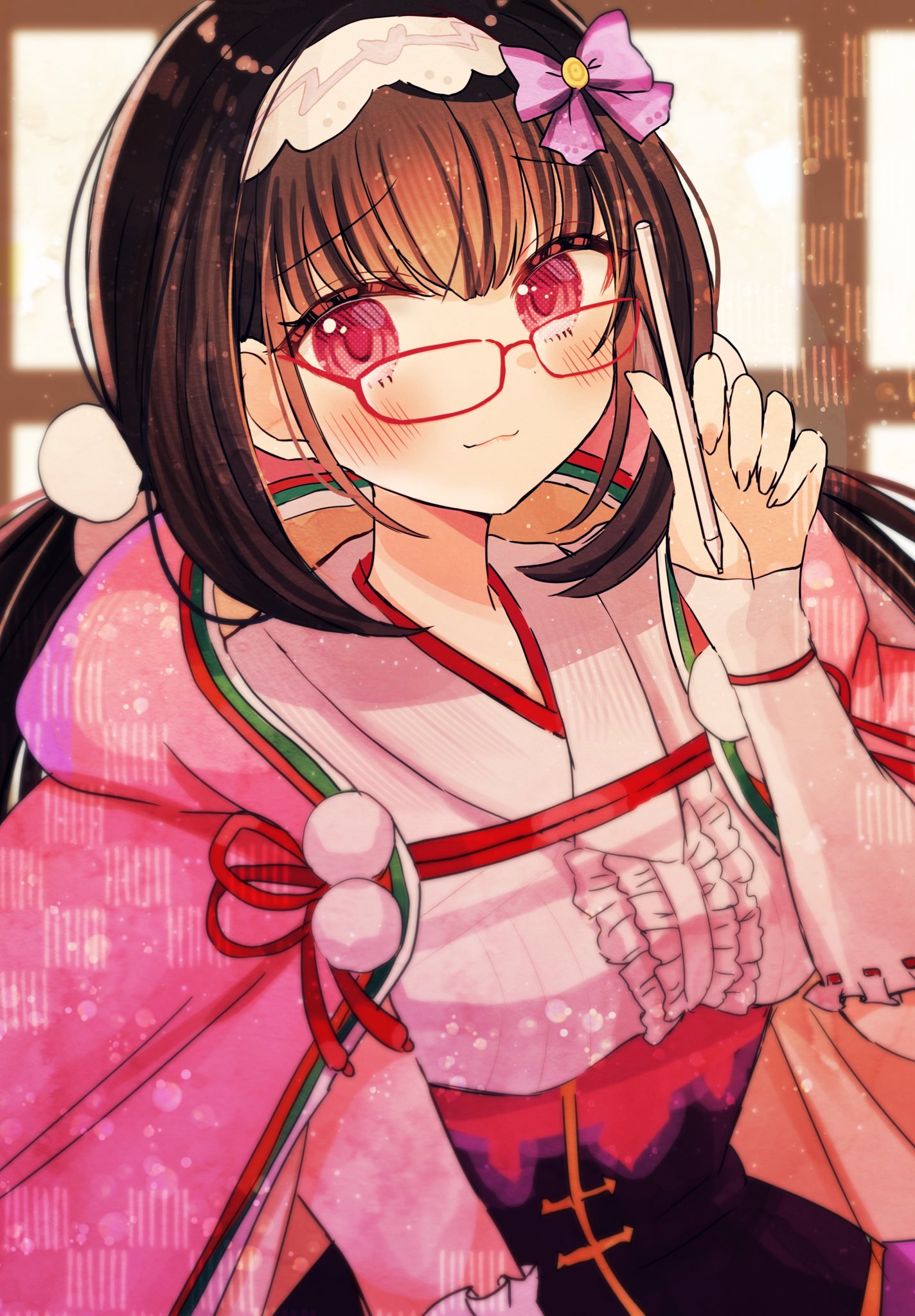 1girl black_hair fate/grand_order fate_(series) fingernails glasses hairband highres japanese_clothes kimono koya_(0okoya) layered_clothes layered_kimono low_twintails osakabe-hime_(fate) pink_eyes smile stylus twintails