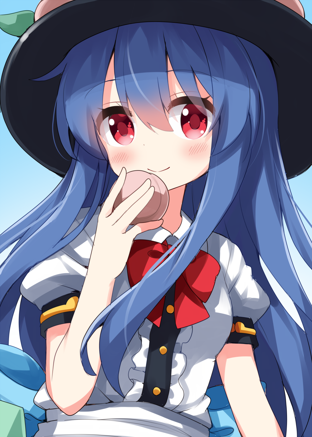 1girl blue_hair blush buttons center_frills closed_mouth food frills fruit fruit_hat_ornament hair_between_eyes hat_ornament highres hinanawi_tenshi holding holding_food holding_fruit long_hair looking_at_viewer peach peach_hat_ornament puffy_short_sleeves puffy_sleeves red_eyes ruu_(tksymkw) shirt short_sleeves smile solo touhou upper_body white_shirt