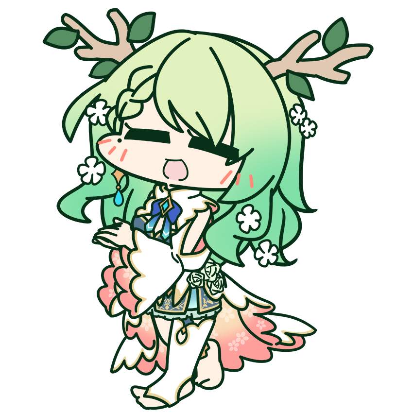1girl :d =_= antlers barefoot blue_bow blue_bowtie bow bowtie braid braided_bangs cape ceres_fauna chibi closed_eyes full_body gradient_hair green_hair hololive hololive_english jewelry mole mole_under_eye multicolored_hair official_art own_hands_together single_thighhigh smile solo thigh-highs toeless_legwear transparent_background two-sided_fabric virtual_youtuber white_cape white_thighhighs wide_sleeves