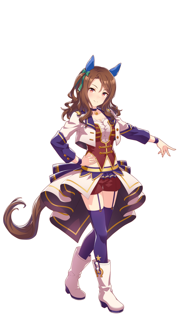1girl animal_ears boots bow brown_hair choker crop_top ear_covers full_body garter_straps green_bow hair_bow highres horse_ears horse_girl horse_tail jacket king_halo_(umamusume) long_hair looking_at_viewer midriff official_alternate_costume official_art overskirt pendant_choker purple_choker purple_garter_straps purple_thighhighs red_eyes red_shorts shorts smile solo starting_future_(umamusume) tail thigh-highs transparent_background umamusume white_footwear white_jacket