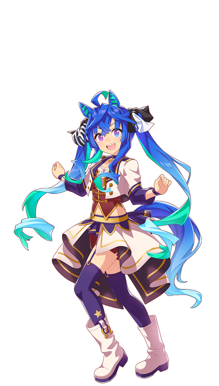 1girl :d @_@ ahoge animal_ears blue_eyes blue_hair boots choker cropped_jacket gradient_hair green_hair heterochromia highres horse_ears horse_girl horse_tail horseshoe_ornament jacket long_hair long_sleeves looking_at_viewer messy_hair midriff multicolored_hair official_art overskirt pendant_choker purple_choker purple_garter_straps purple_thighhighs red_shorts sharp_teeth shorts sidelocks smile solo starting_future_(umamusume) tail teeth thigh-highs transparent_background twin_turbo_(umamusume) twintails two-tone_hair umamusume violet_eyes white_footwear white_jacket