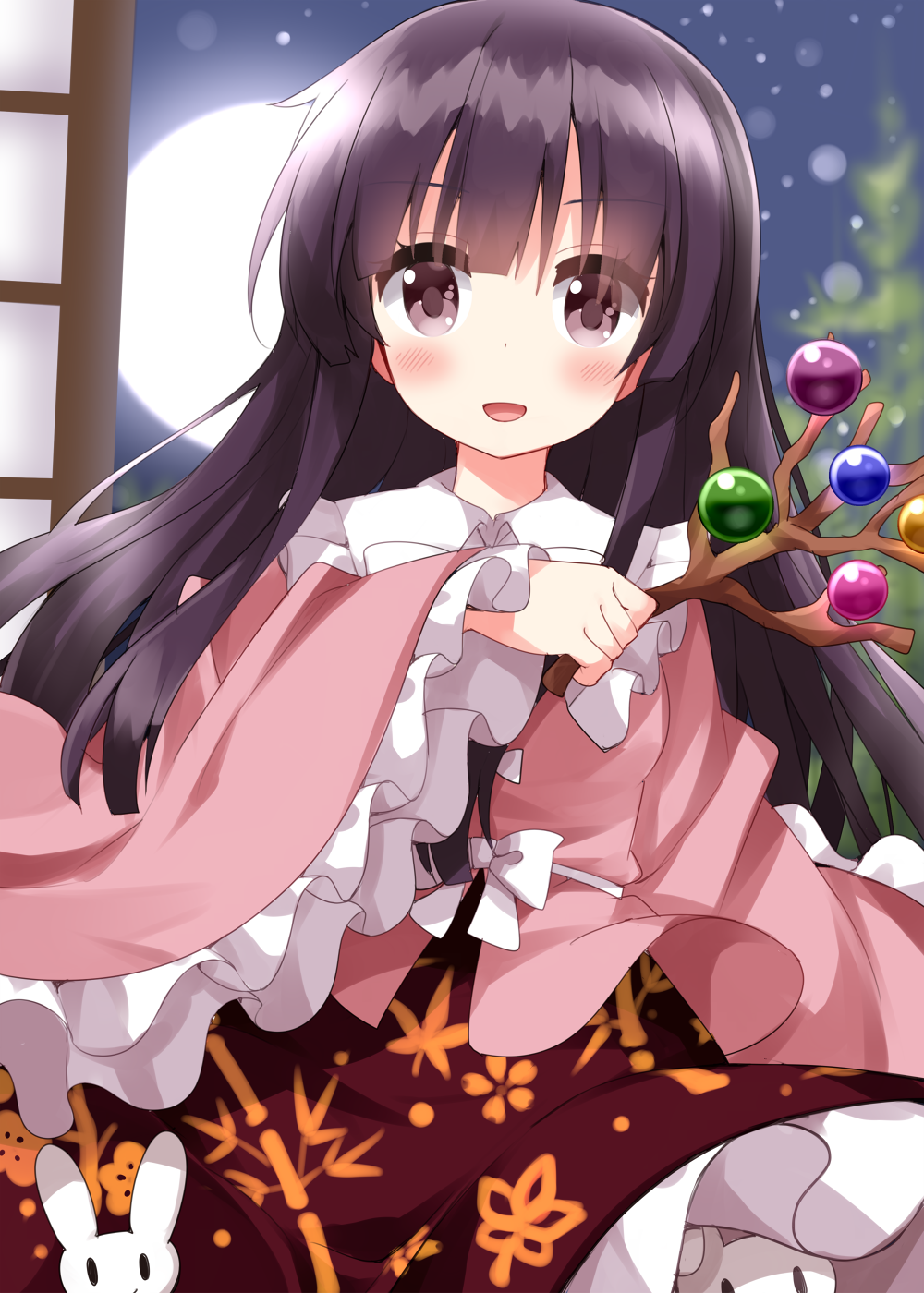 1girl animal black_eyes black_hair blush branch collared_shirt frilled_shirt_collar frilled_skirt frilled_sleeves frills highres hime_cut holding holding_branch houraisan_kaguya inaba_mob_(touhou) japanese_clothes jeweled_branch_of_hourai long_hair long_sleeves looking_at_viewer open_mouth pink_shirt rabbit red_skirt ruu_(tksymkw) shirt sidelocks skirt smile solo touhou wide_sleeves