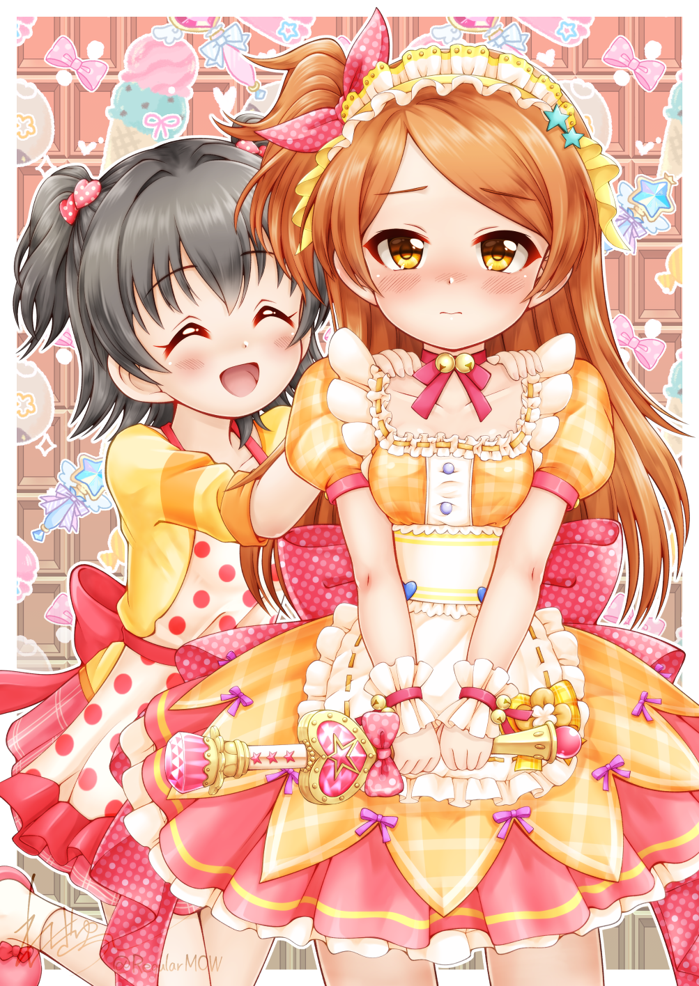2girls ^_^ akagi_miria apron black_hair blush breasts brown_dress brown_eyes brown_hair closed_eyes closed_mouth collarbone commentary_request dress food-themed_background hair_ornament hair_ribbon hands_on_another's_shoulders heart heart_hair_ornament highres holding holding_wand idolmaster idolmaster_cinderella_girls idolmaster_cinderella_girls_starlight_stage idolmaster_million_live! long_hair multiple_girls nose_blush ogami_tamaki one_side_up pink_ribbon pink_skirt plaid plaid_dress pleated_skirt polka_dot polka_dot_apron polka_dot_ribbon puffy_short_sleeves puffy_sleeves regular_mow ribbon shirt short_sleeves skirt small_breasts swept_bangs two_side_up v_arms very_long_hair wand wavy_mouth white_apron yellow_shirt