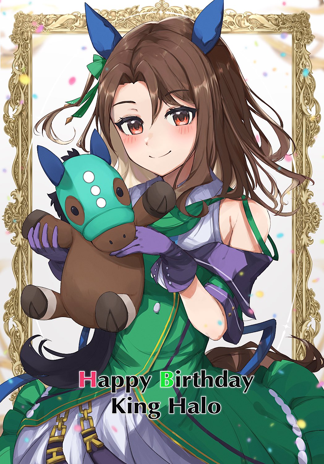 1girl animal_ears birthday blush bow brown_hair buttons character_name dress ear_covers english_text framed gloves green_dress green_skirt hair_bow happy_birthday highres holding holding_stuffed_toy holding_toy horse_ears horse_girl horse_tail king_halo_(racehorse) king_halo_(umamusume) looking_at_viewer off-shoulder_dress off_shoulder parted_bangs purple_gloves ra_mun5239 red_eyes skirt smell stuffed_animal stuffed_toy tail toy umamusume wavy_hair