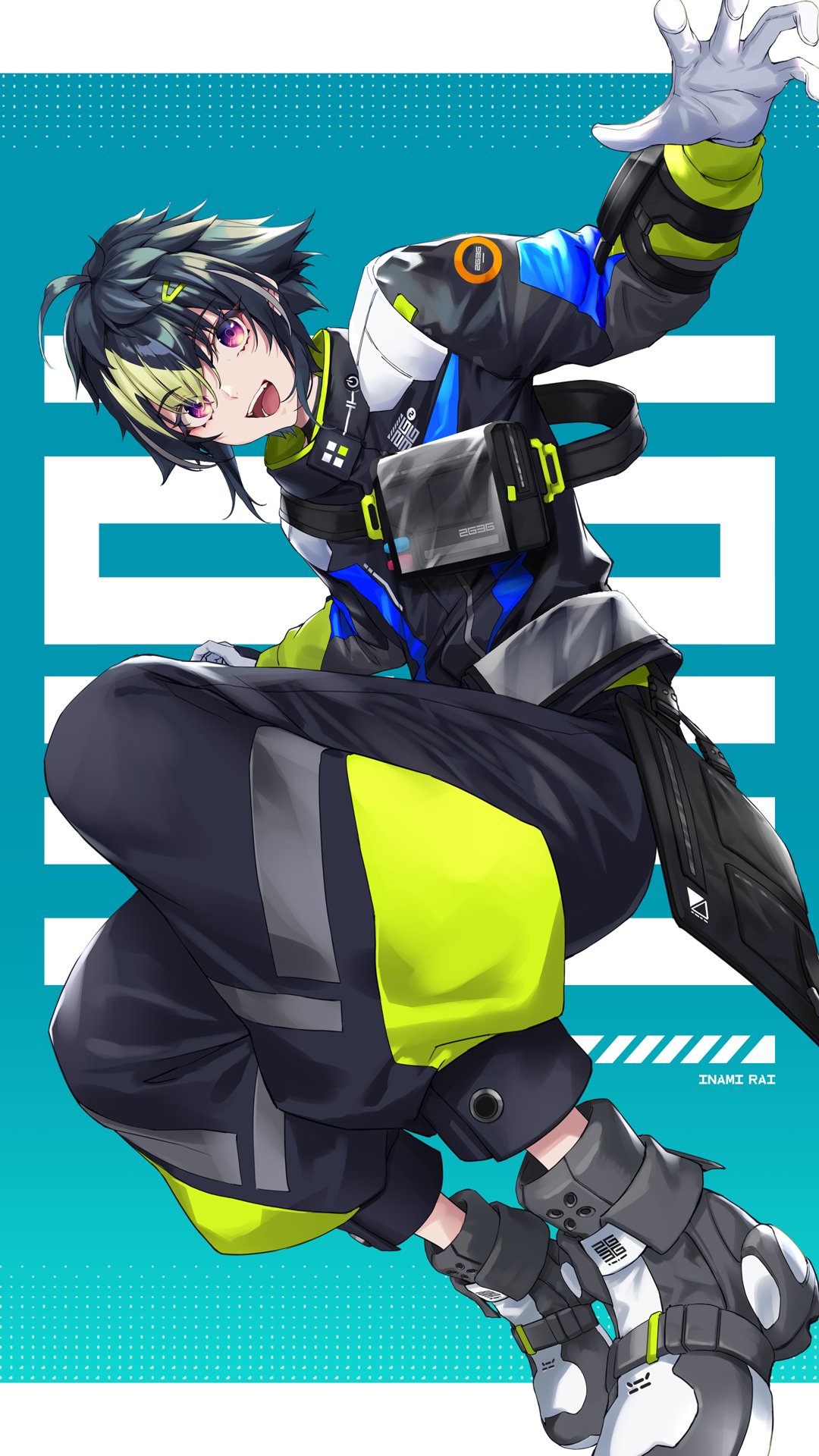 1boy ahoge black_hair black_jacket black_pants blue_background character_name fukai_ryosuke full_body gloves green_hair hair_ornament hairclip highres inami_rai jacket looking_at_viewer multicolored_clothes multicolored_hair nijisanji official_art open_mouth pants reaching_towards_viewer shoes smile solo teeth two-tone_hair upper_teeth_only violet_eyes virtual_youtuber white_gloves