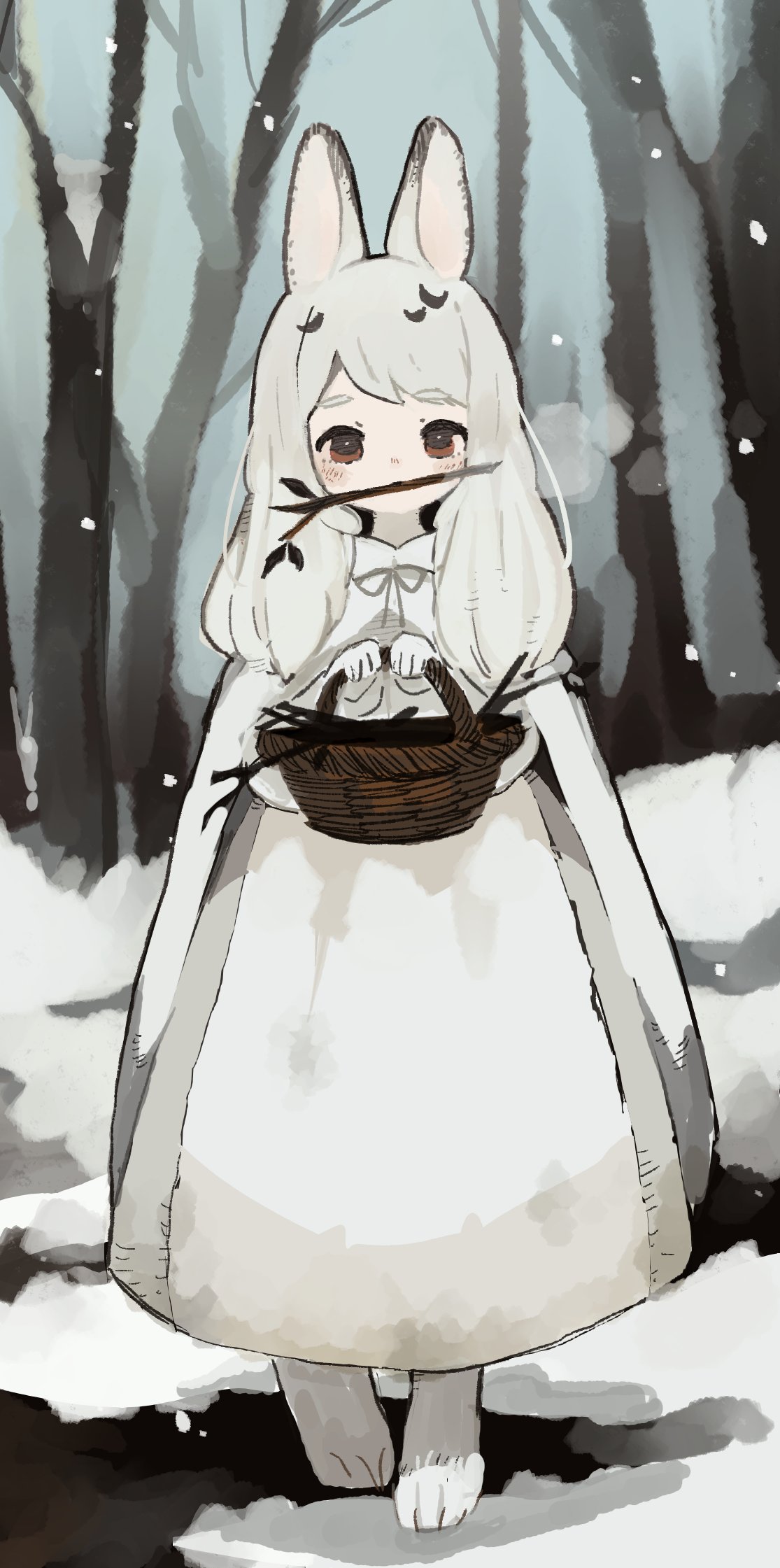 1girl animal_ears basket brown_eyes cloak commentary_request dress hands_up highres holding holding_basket long_hair looking_at_viewer original rabbit_ears rabbit_girl sakutake_(ue3sayu) snow snowing solo stick straight-on swept_bangs tree white_dress white_hair winter
