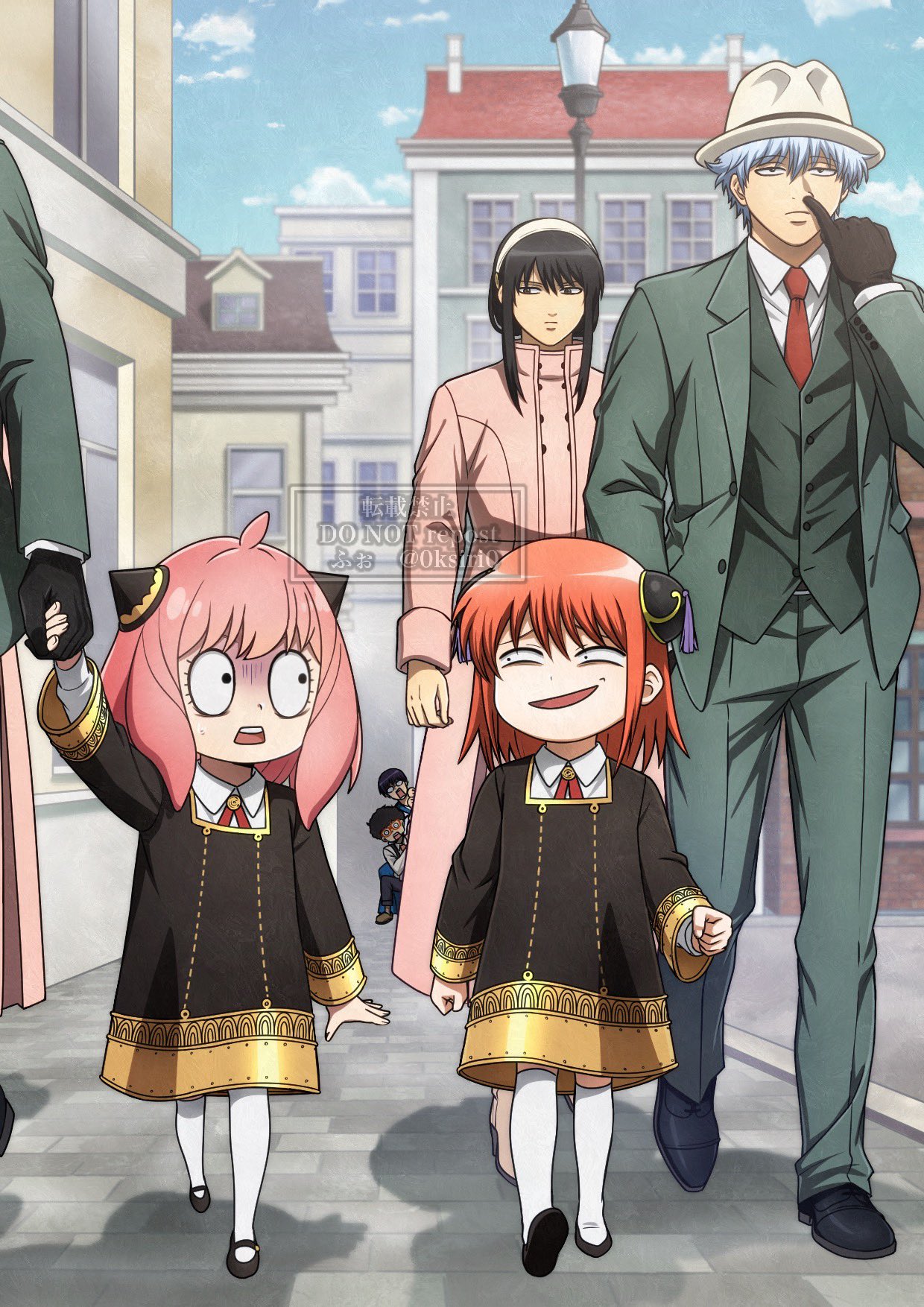 0ksiri0 3girls 5boys aged_down anya's_heh_face_(meme) anya_(spy_x_family) anya_(spy_x_family)_(cosplay) black_footwear black_gloves black_hair coat collared_shirt commentary cosplay crossover eden_academy_school_uniform formal franky_franklin gintama gloves gold_trim green_pants green_suit grey_hair grey_headwear hairband hairpods highres holding_hands kagura_(gintama) katsura_kotarou looking_at_another meme multiple_boys multiple_girls necktie nose_picking orange_hair outdoors pants peeking_out pink_coat pink_hair red_necktie sakata_gintoki school_uniform shimura_shinpachi shirt short_hair short_hair_with_long_locks smug spy_x_family suit surprised thigh-highs town twilight_(spy_x_family) twilight_(spy_x_family)_(cosplay) vest walking watermark white_hairband white_shirt white_thighhighs yor_briar yor_briar_(cosplay)