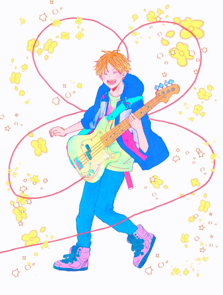 bibibimix39 blonde_hair blue_hoodie blue_panties closed_eyes floral_print given guitar holding holding_instrument hood hoodie instrument kashima_hiiragi_(given) open_mouth panties pink_footwear simple_background smile underwear white_background