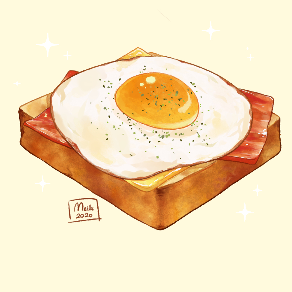 artist_name bacon cheese commentary dated egg_(food) english_commentary food food_focus fried_egg meikitefuka no_humans original realistic simple_background sparkle still_life toast yellow_background