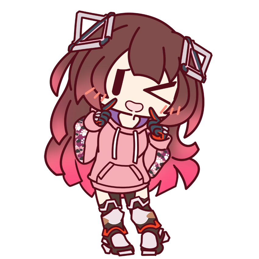 &gt;_&lt; 1girl :d blush brown_hair camouflage camouflage_jacket chibi full_body gradient_hair hololive hood hoodie jacket long_sleeves looking_at_viewer mechanical_arms mechanical_legs multicolored_hair official_art one_eye_closed pink_hoodie roboco-san smile solo transparent_background virtual_youtuber |_|