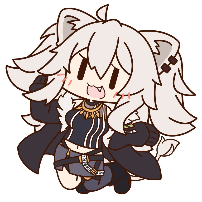 1girl :3 :d ahoge animal_ear_fluff animal_ears bare_shoulders black_footwear black_jacket black_shirt black_thighhighs boots chibi ear_piercing fang full_body fur-trimmed_jacket fur_trim grey_hair grey_skirt hands_up hololive jacket lion_ears lion_girl lion_tail long_hair navel official_art open_clothes open_jacket pencil_skirt piercing shirt shishiro_botan single_thighhigh skirt sleeves_past_fingers sleeves_past_wrists smile solo tail thigh-highs transparent_background virtual_youtuber |_|