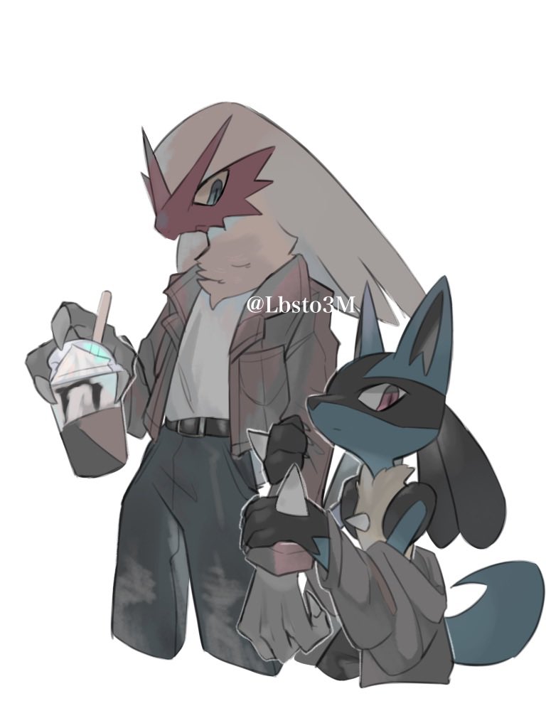 :&lt; belt blaziken brown_jacket closed_mouth clothed_pokemon colored_sclera commentary_request cup drinking_straw holding holding_cup horns jacket lbsto3m lucario off_shoulder pants pokemon pokemon_(creature) shirt twitter_username watermark white_background white_shirt yellow_sclera