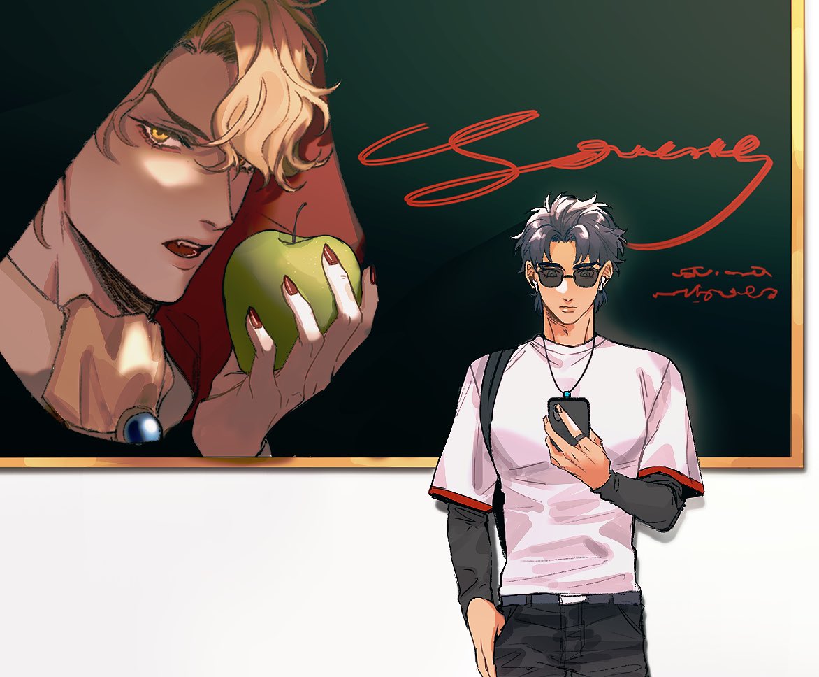 1boy apple black_pants blonde_hair blue_hair cellphone closed_mouth dio_brando english_commentary food fruit hako_iix07 holding holding_food holding_fruit holding_phone idol jojo_no_kimyou_na_bouken jonathan_joestar layered_sleeves long_sleeves male_focus outdoors pants phantom_blood phone red_nails shirt short_hair short_over_long_sleeves short_sleeves smartphone sunglasses sweatdrop yellow_eyes