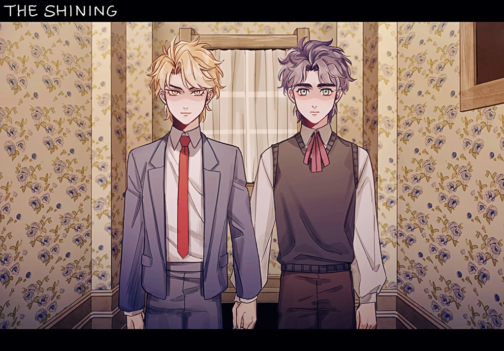 2boys arms_at_sides blonde_hair blue_eyes blue_hair blue_jacket closed_mouth commentary_request copyright_name dio_brando ear_birthmark grady_sisters_(the_shining) hako_iix07 holding_hands indoors jacket jojo_no_kimyou_na_bouken jonathan_joestar long_sleeves looking_at_viewer male_focus multiple_boys necktie pants phantom_blood red_necktie shirt short_hair smile standing the_shining vest white_shirt yellow_eyes