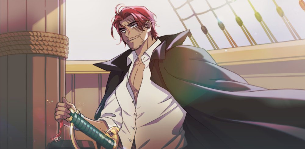 1boy claw_scar coat coat_on_shoulders collared_shirt dark-skinned_male dark_skin eyebrow_cut facial_hair goatee jaeun90_(lju90) male_focus mature_male one_piece pectoral_cleavage pectorals pirate_ship redhead shanks_(one_piece) sheath sheathed shirt short_hair smile solo stubble sword thick_eyebrows upper_body weapon