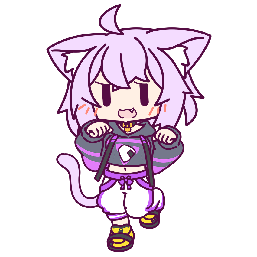 1girl :3 :d animal_collar animal_ear_fluff animal_ears baggy_pants black_collar black_hoodie cat_ears cat_girl cat_tail chibi collar cropped_hoodie drawstring fang full_body hands_up hololive hood hood_down hoodie long_sleeves looking_at_viewer midriff navel nekomata_okayu official_art onigiri_print pants paw_pose purple_hair shoes sleeves_past_wrists smile sneakers solo standing standing_on_one_leg straight-on tail transparent_background virtual_youtuber white_pants yellow_footwear |_|