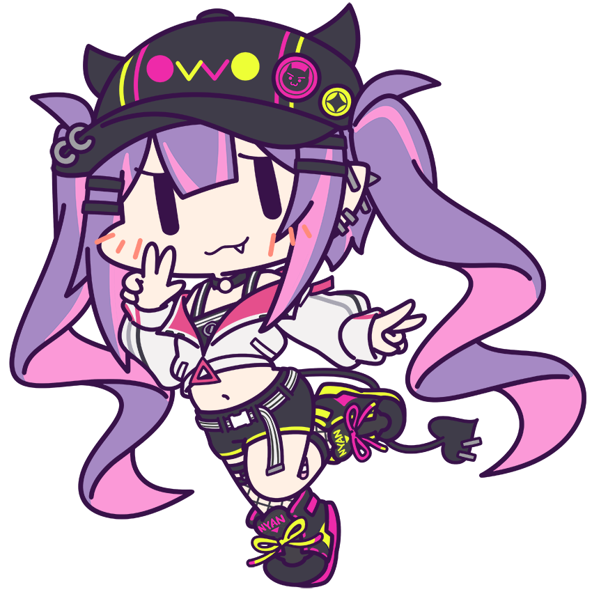 1girl :3 badge baseball_cap belt black_headwear black_shorts button_badge chibi choker colored_inner_hair cropped_jacket demon_tail ear_piercing fake_horns fang fishnet_thighhighs fishnets full_body hair_ornament hairclip hand_up hat hololive horned_headwear horns industrial_piercing jacket jirai_kei long_hair long_sleeves looking_at_viewer multicolored_hair o-ring o-ring_choker official_art partially_unzipped piercing pink_hair purple_hair shorts snap-fit_buckle solo standing standing_on_one_leg streaked_hair tail tail_ornament tail_piercing thigh-highs tokoyami_towa transparent_background twintails v virtual_youtuber white_belt white_jacket |_|