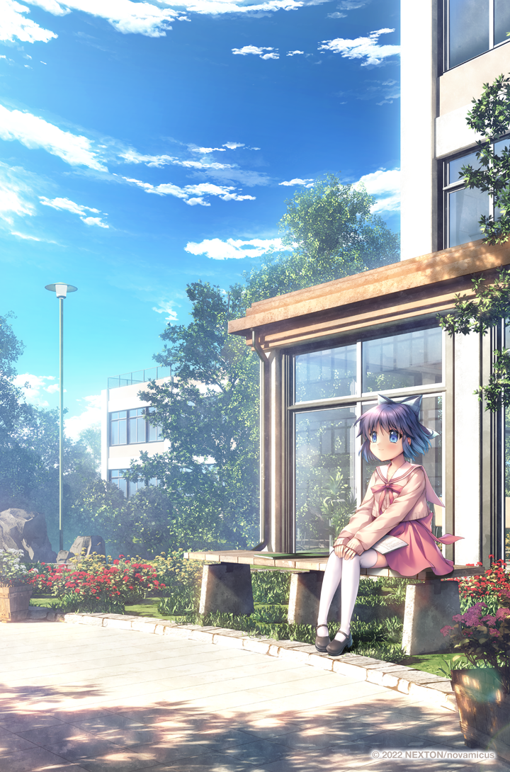 1girl bench black_footwear blue_eyes blue_hair blush book bow building cardigan clouds collaboration day dress flower full_body grass hair_bow hinoue_itaru kouzuki_mio lamppost mary_janes mocha_(cotton) neck_ribbon official_art one_-_kagayaku_kisetsu_e outdoors own_hands_together red_dress red_ribbon ribbon sailor_collar school_uniform shoes short_hair sitting sky sleeves_past_wrists smile solo sunlight thigh-highs white_thighhighs zettai_ryouiki