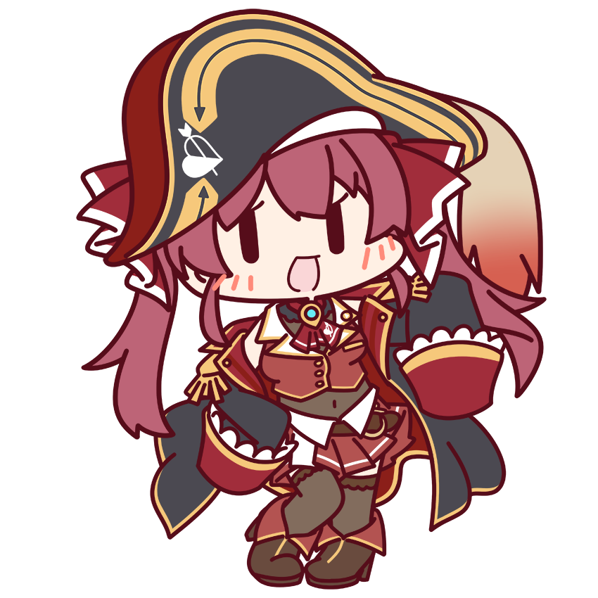 1girl :d ascot bare_shoulders bicorne boots brown_footwear chibi contrapposto fold-over_boots full_body hair_ribbon hat hololive houshou_marine leotard leotard_under_clothes looking_at_viewer navel official_art pirate pirate_hat red_ascot red_ribbon red_vest redhead ribbon see-through see-through_leotard sleeve_cuffs sleeveless sleeveless_jacket sleeves_past_fingers sleeves_past_wrists smile solo transparent_background twintails vest virtual_youtuber |_|