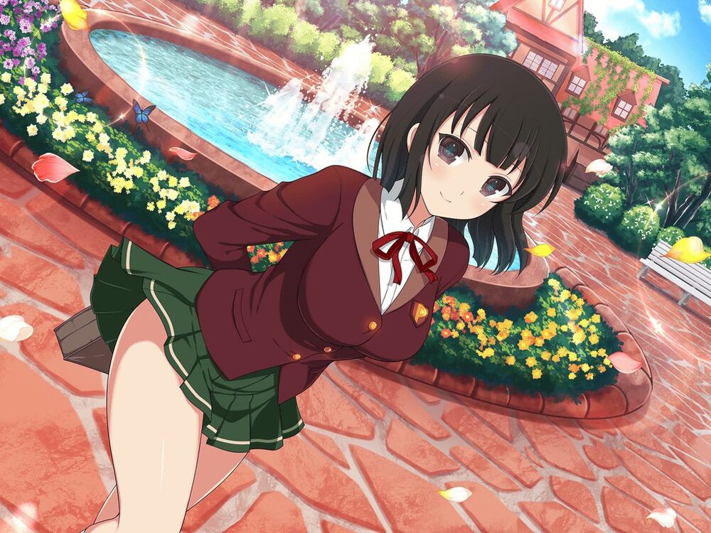 1girl bench black_eyes black_hair blue_butterfly blue_sky blush bow breasts bug building bush butterfly buttons clouds cobblestone cosplay day falling_petals flower fountain high_school_dxd house jacket kagura_(senran_kagura) large_breasts looking_at_viewer miniskirt official_art orange_flower outdoors park park_bench path petals plant purple_flower raynare raynare_(cosplay) red_bow red_flower red_jacket red_ribbon ribbon school_uniform senran_kagura senran_kagura_new_link shirt short_hair skirt sky smile solo stone_walkway symbol-shaped_pupils tree vines water white_flower white_shirt window yaegashi_nan yellow_flower