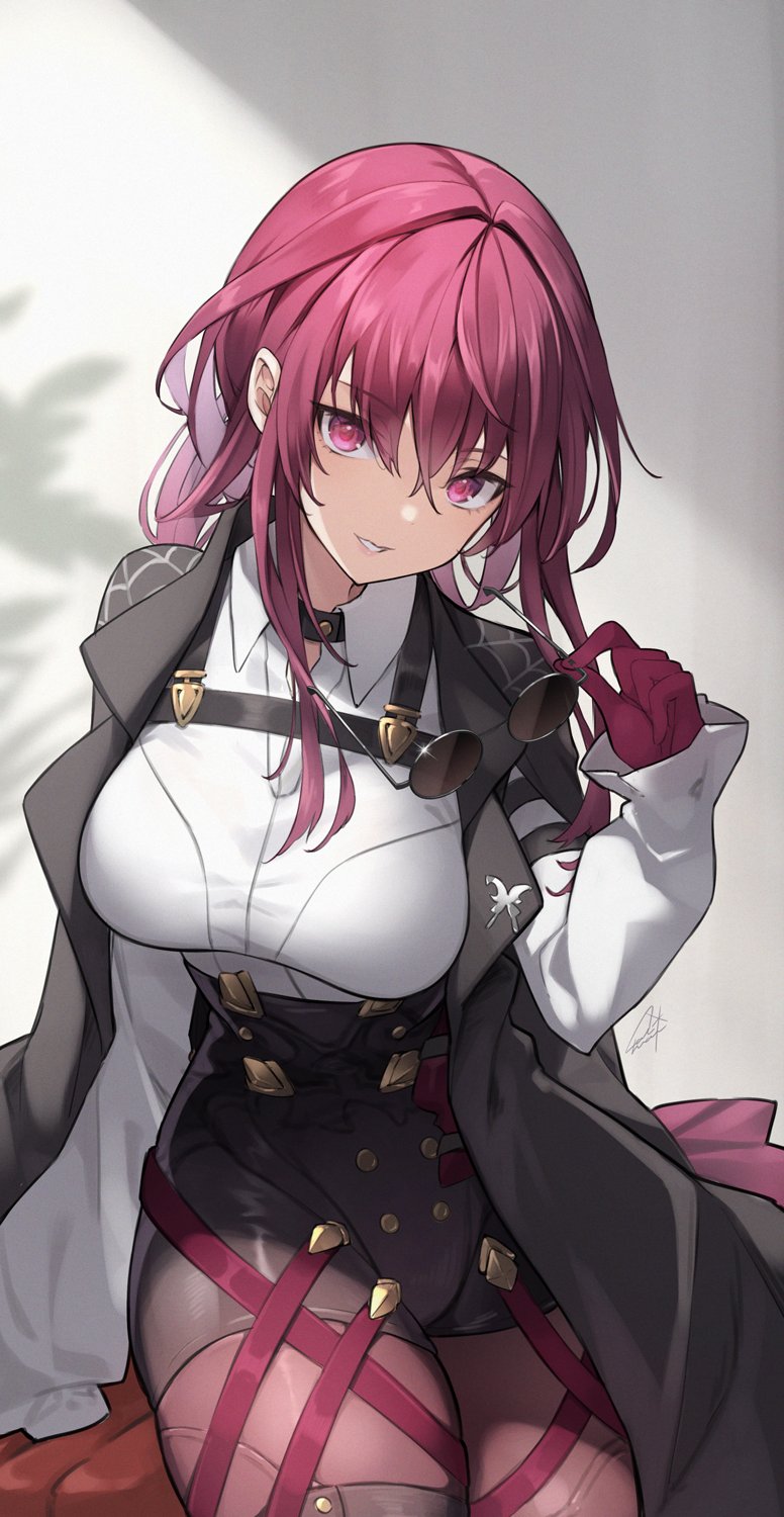 1girl arm_support black_coat breasts coat commentary cowboy_shot gloves hand_up head_tilt highres holding holding_eyewear honkai:_star_rail honkai_(series) kafka_(honkai:_star_rail) large_breasts long_hair looking_at_viewer medium_hair off_shoulder puffy_sleeves purple_gloves purple_hair removing_eyewear shirt sidelocks signature simple_background sitting smile solo sunglasses symbol-only_commentary thigh_strap violet_eyes white_background white_shirt yaki_mayu