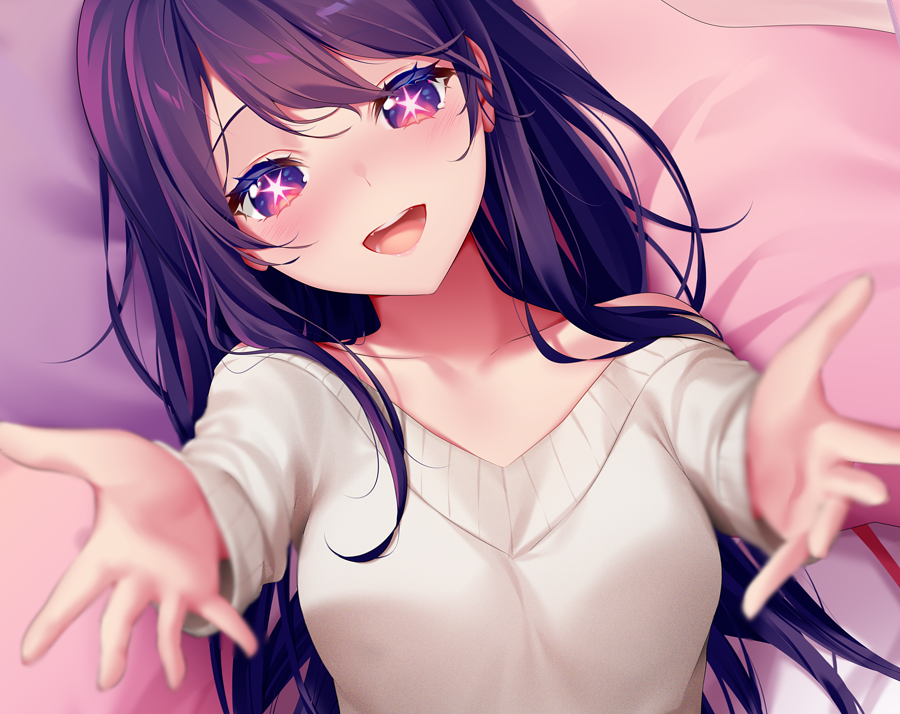 1girl :d bed_sheet blurry blush breasts chromatic_aberration collarbone commentary depth_of_field eyelashes foreshortening full-face_blush hair_between_eyes head_tilt hoshino_ai_(oshi_no_ko) large_breasts long_hair long_sleeves looking_at_viewer lying on_back open_mouth oshi_no_ko outstretched_arms pov purple_hair reaching_towards_viewer rimuu round_teeth sidelocks smile solo star-shaped_pupils star_(symbol) sweater symbol-only_commentary symbol-shaped_pupils teeth upper_teeth_only very_long_hair violet_eyes white_sweater