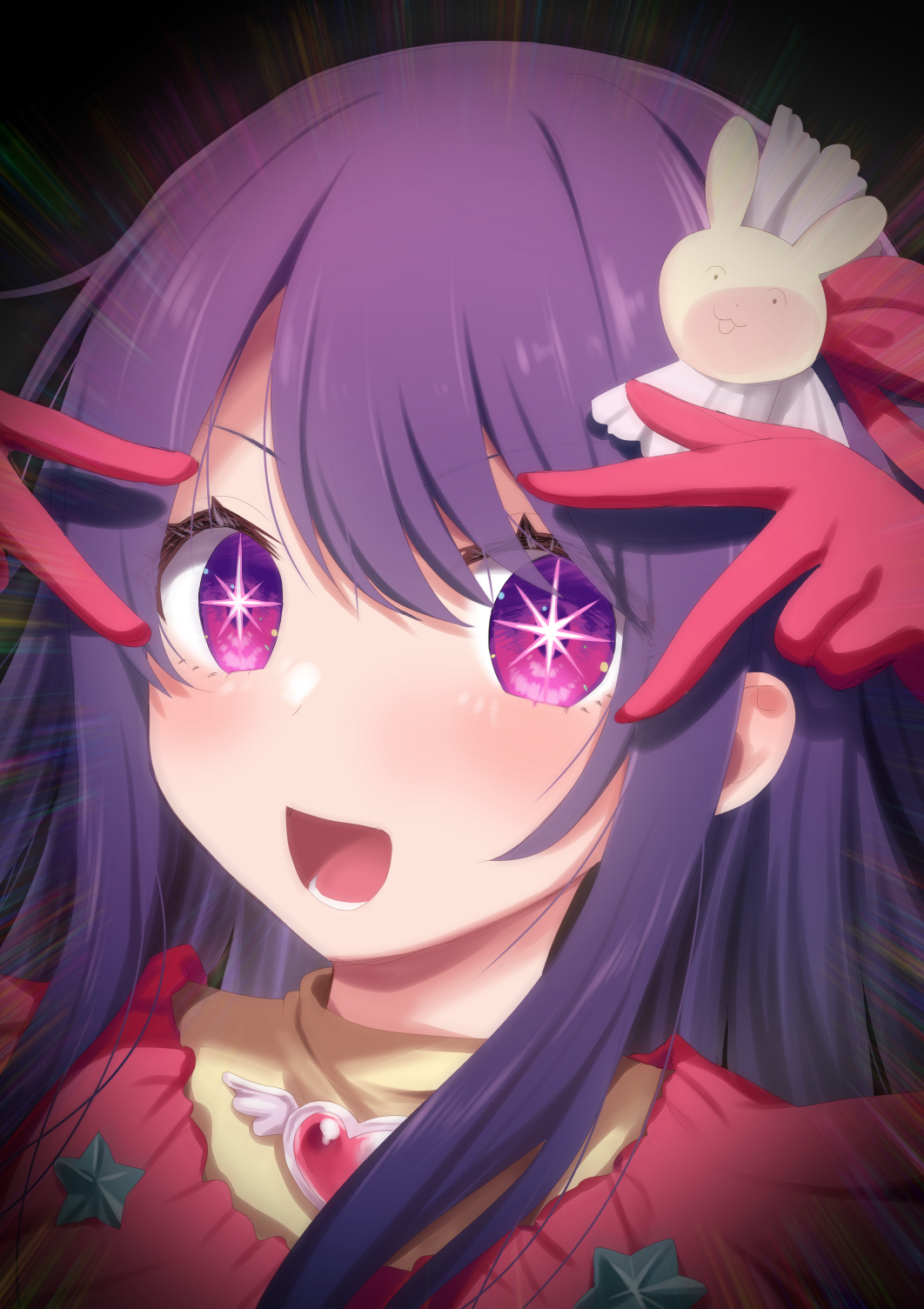 1girl :d blush bow capelet chromatic_aberration commentary_request double-parted_bangs double_v emphasis_lines eyelashes eyes_visible_through_hair hair_between_eyes hair_bow hair_ornament heart-shaped_ornament highres hoshino_ai_(oshi_no_ko) idol long_hair looking_at_viewer open_mouth oshi_no_ko paid_reward_available partial_commentary pink_capelet purple_hair rabbit_hair_ornament saki_chisuzu sidelocks smile solo star_ornament symbol-shaped_pupils v v_over_eye violet_eyes white_bow