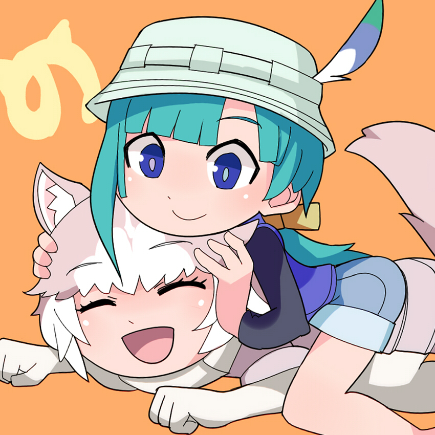 2girls :d animal_ear_fluff animal_ears asymmetrical_hair black_shirt blue_eyes blue_hair blush brown_hair bucket_hat closed_eyes closed_mouth commentary_request dog_(mixed_breed)_(kemono_friends) dog_ears dog_girl dog_tail feet_out_of_frame grey_headwear hands_on_another's_head hat hat_feather hospital_king hug japari_symbol kemono_friends kemono_friends_r looking_at_another medium_bangs multicolored_hair multiple_girls open_mouth orange_background purple_vest shirt short_hair smile tackle tail tomoe_(kemono_friends)_(niconico88059799) two-tone_hair vest white_hair