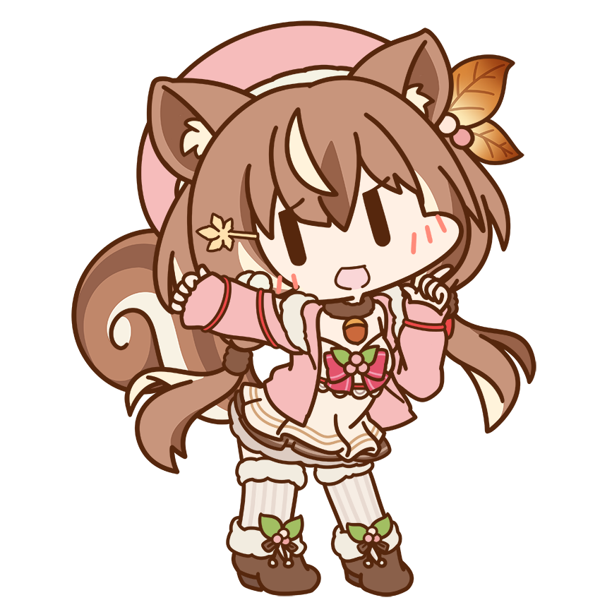 1girl :d acorn animal_ears ayunda_risu beret boots bow bowtie brown_footwear brown_hair chibi clenched_hand dress full_body fur-trimmed_boots fur_choker fur_trim hands_up hat hololive hololive_indonesia jacket looking_at_viewer official_art open_clothes open_jacket pink_headwear pink_jacket red_bow red_bowtie smile solo squirrel_ears squirrel_girl squirrel_tail tail transparent_background virtual_youtuber white_dress |_|