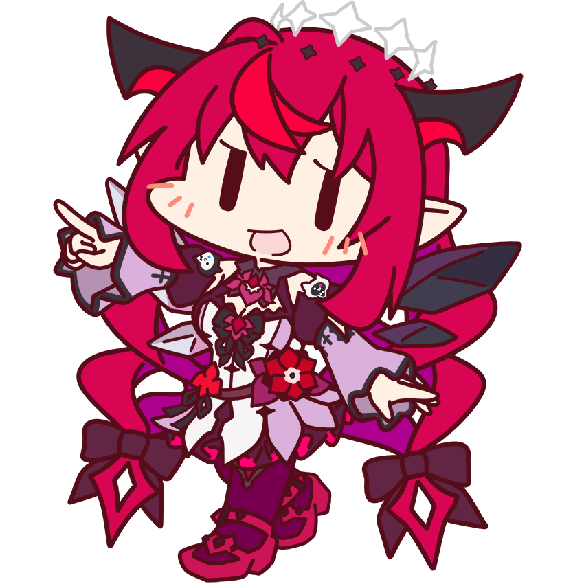 1girl :d brooch chibi crystal_wings demon_horns detached_sleeves dress frilled_dress frills full_body halo hand_up hololive horns irys_(2nd_costume)_(hololive) irys_(hololive) jewelry long_hair multicolored_hair official_art pointing pointing_to_the_side pointy_ears purple_hair purple_thighhighs red_footwear redhead smile solo thigh-highs transparent_background two-tone_hair virtual_youtuber wide_sleeves |_|