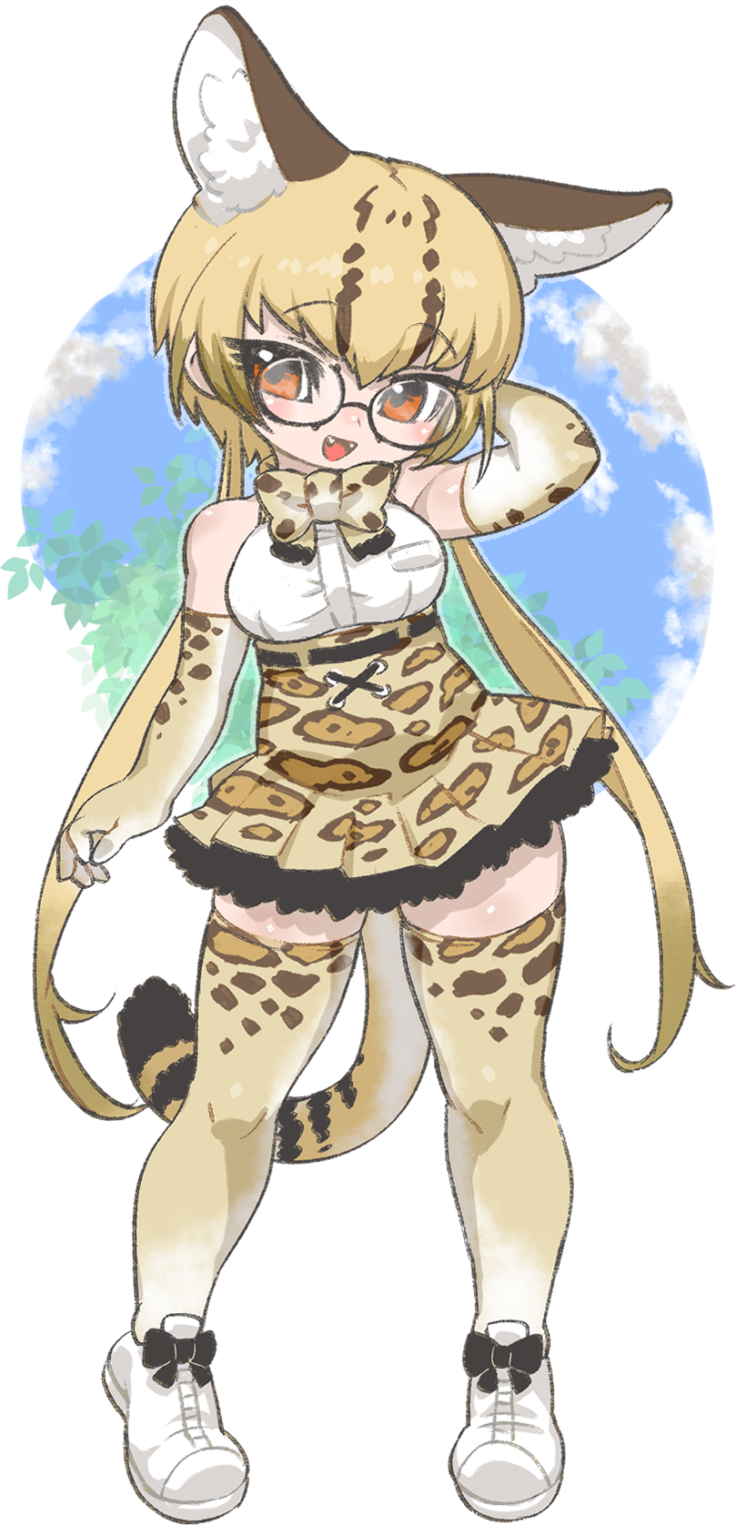 1girl animal_ears arm_behind_back arm_up black-framed_eyewear blonde_hair bow bowtie breasts brown_bow brown_bowtie brown_eyes brown_gloves brown_hair brown_thighhighs elbow_gloves full_body glasses gloves highres kemono_friends kuro_(kurojill) long_hair low_twintails margay_(kemono_friends) medium_breasts multicolored_hair solo tail thigh-highs twintails white_footwear