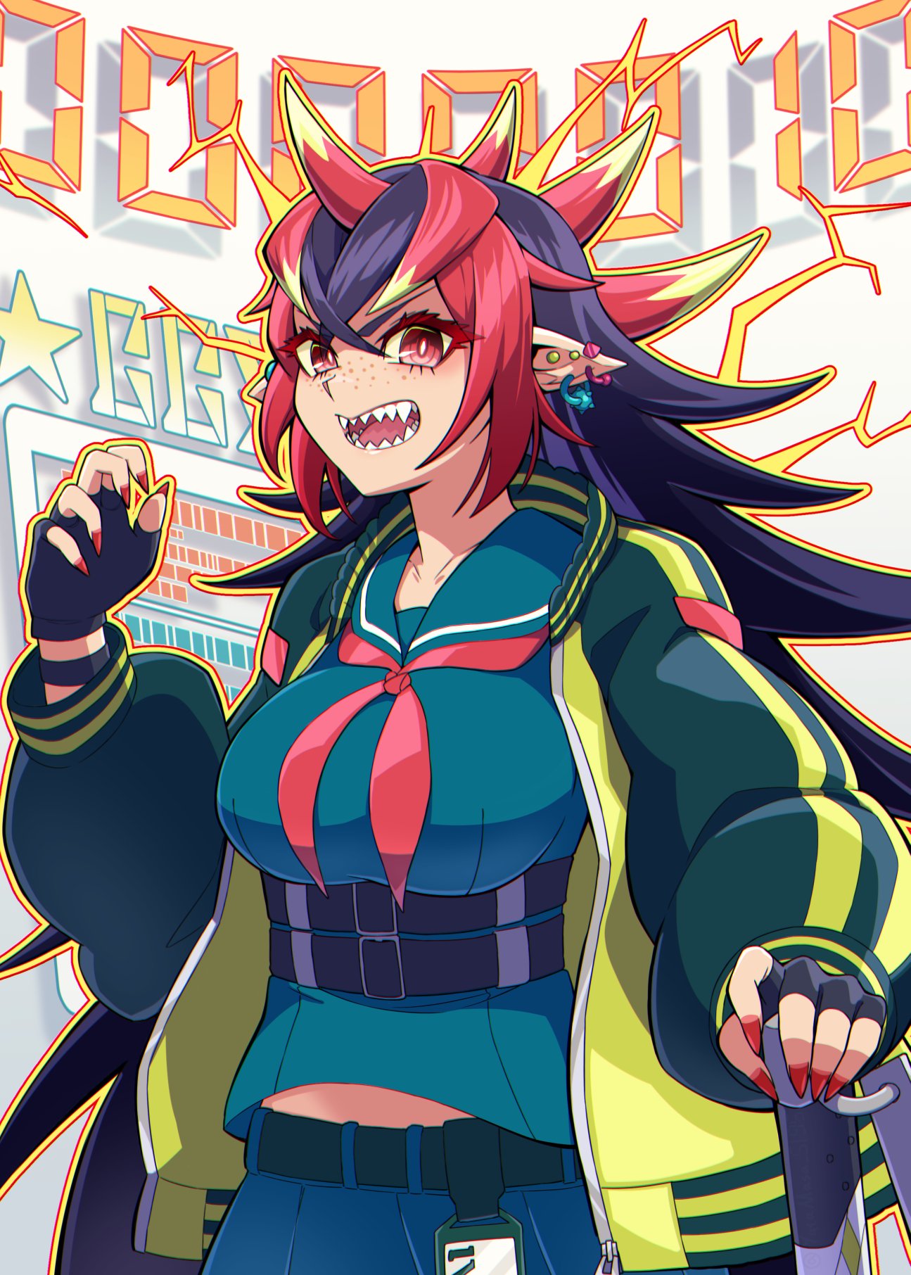 1girl black_hair black_skirt breasts colored_sclera delinquent duel_monster ear_piercing fingerless_gloves freckles gloves highres holding holding_sword holding_weapon horns jacket kiriban_(yu-gi-oh!) large_breasts long_hair looking_at_viewer midriff_peek multicolored_hair oni_horns open_mouth piercing pointy_ears red_eyes redhead school_uniform seven-segment_display sharp_teeth skirt solo sukeban sword teeth upper_body very_long_hair weapon yata_masahara yellow_jacket yellow_sclera yu-gi-oh!