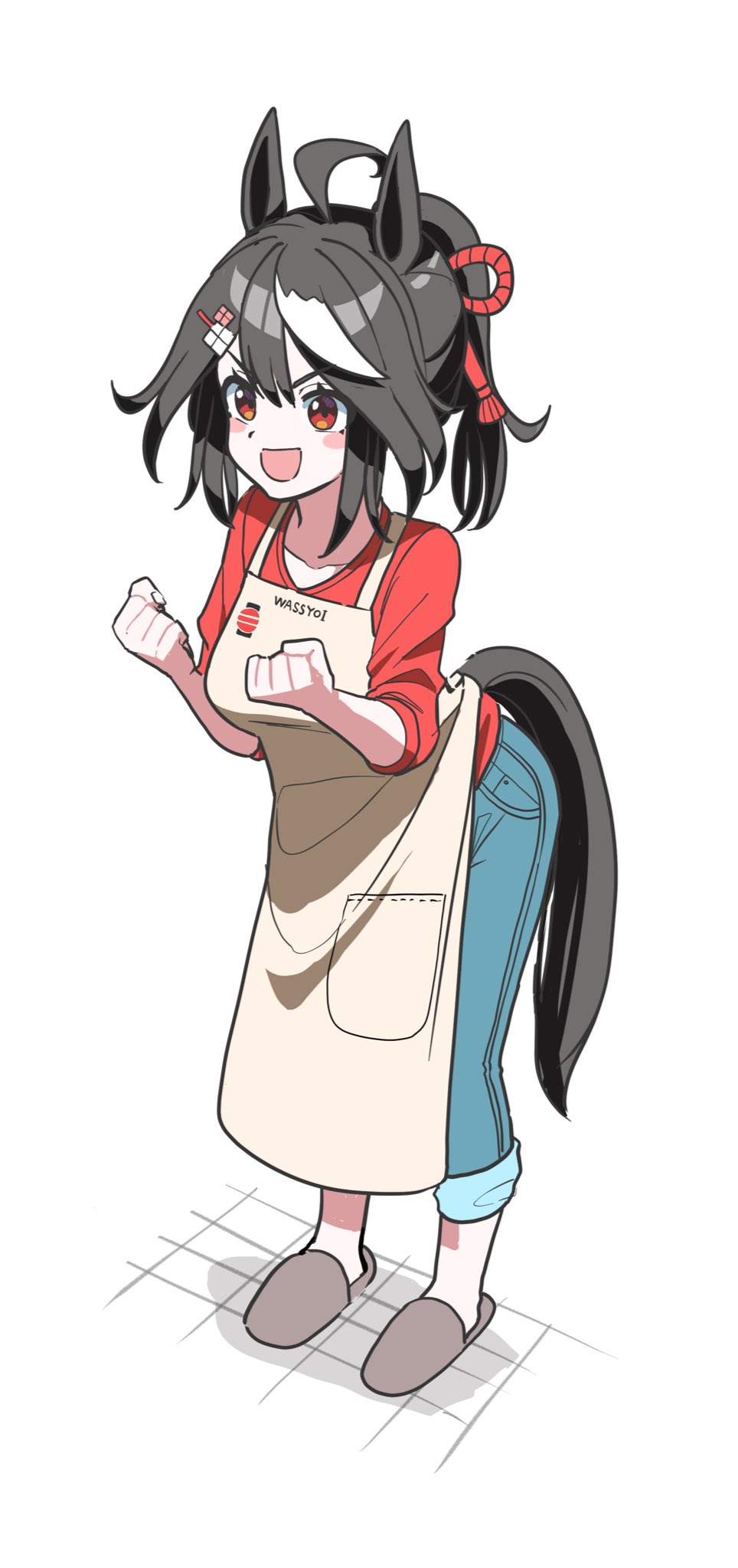 1girl ahoge alternate_costume alternate_hairstyle animal_ears apron blush_stickers breasts casual clenched_hands collarbone highres horse_ears horse_tail kitasan_black_(umamusume) medium_breasts medium_hair red_eyes simple_background slippers solo standing tail takuan_(taku1219oekaki) umamusume white_background