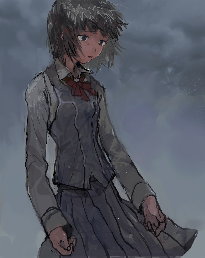 arms_at_sides black_hair blue_eyes blue_skirt blue_vest bob_cut bow bowtie breasts clouds cloudy_sky commentary cowboy_shot curled_fingers dark depressed dress_shirt floating_clothes floating_hair grey_background long_sleeves looking_ahead looking_down messy_hair narutaru outdoors parted_lips pleated_skirt raised_eyebrows red_bow red_bowtie sad sakura_akira school_uniform shirt short_hair sketch skirt sky small_breasts standing user_gzvk4878 vest water_drop wet wet_clothes wet_hair white_shirt wind
