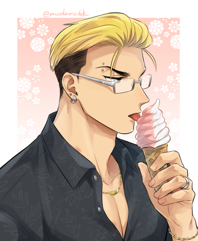 1boy blonde_hair character_request collared_shirt copyright_request ear_piercing eating eyebrow_piercing eyewear_on_head floral_background food glasses gold_necklace ice_cream ice_cream_cone jewelry madara6k male_focus necklace piercing shirt solo tongue tongue_out undercut white_background