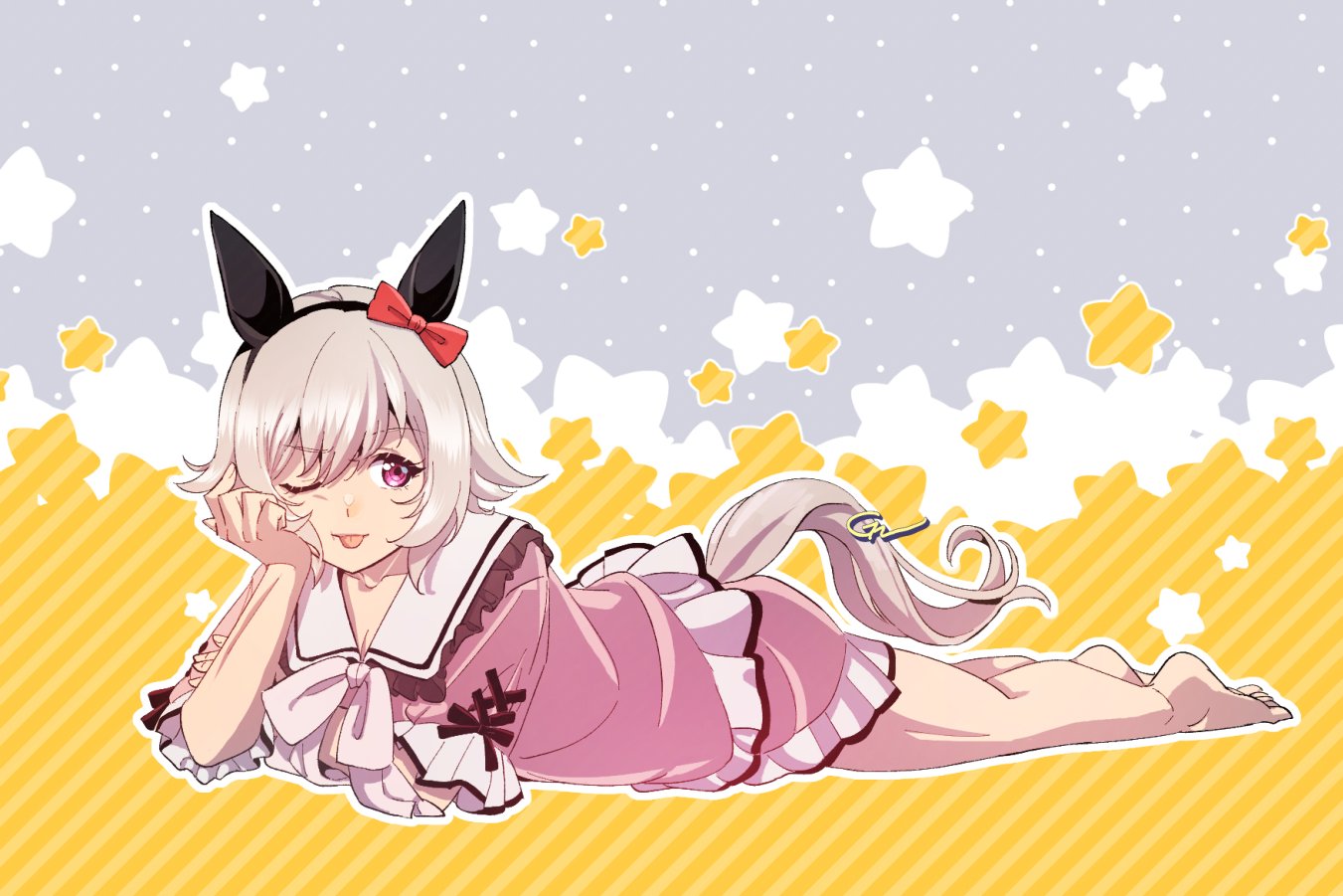 1girl animal_ears barefoot closed_mouth curren_chan_(umamusume) ear_bow elbow_rest frilled_shirt_collar frills full_body gaman grey_hair hairband horse_ears horse_girl horse_tail lying on_stomach one_eye_closed outline pajamas pink_shirt pink_shorts sailor_collar shirt short_hair short_sleeves shorts sign solo star_(symbol) tail tongue tongue_out umamusume violet_eyes white_outline
