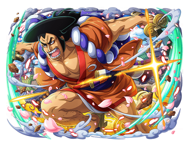 1boy attack battle dual_wielding eyeliner facial_hair fighting food holding kouzuki_oden legs long_hair makeup male_focus muscular muscular_male non-web_source oden one_piece one_piece_treasure_cruise red_eyeliner samurai sideburns sword teeth thighs weapon